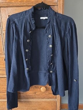 🌿 Maurices Navy Ruffled Military-Style Button Front Linen Blend Jacket |L
